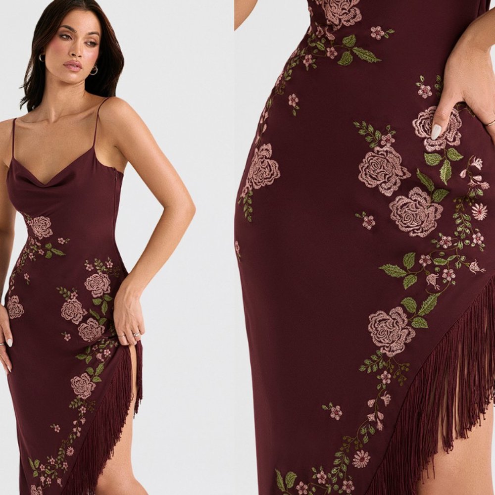 HOUSE OF CB 'Eloisa' Wine Embroidered Midi Dress NWOT - Picture 5 of 9